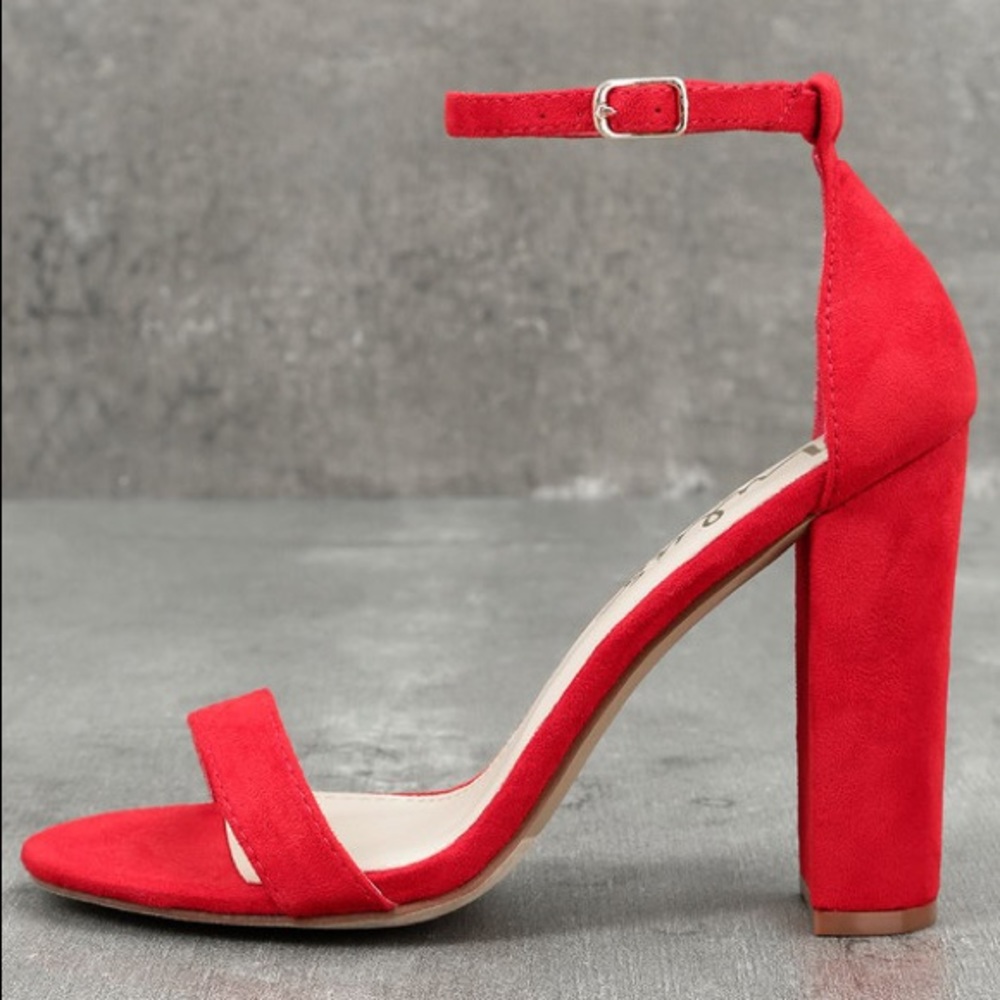 RED SUEDE ANKLE STRAP HEELS
